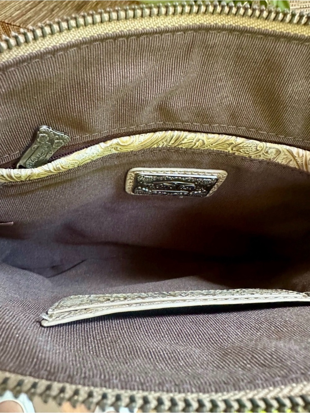 Trinity Ranch Western Boho Embossed Crossbody Bag in Tan with Tri Colored Studs - Picture 9 of 12
